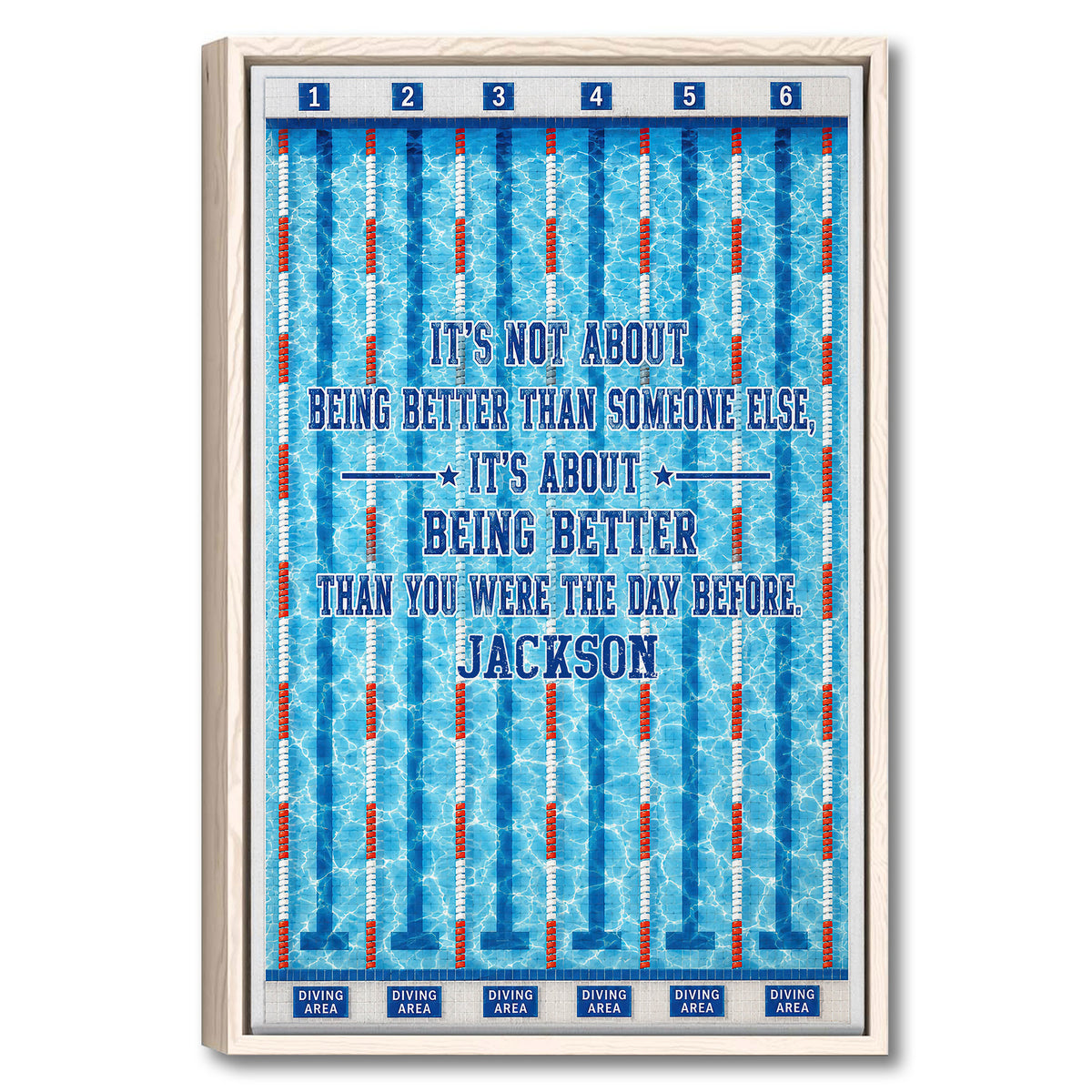 Framed swimming wall art featuring bright blue pool lanes, red lane lines, and an inspirational design