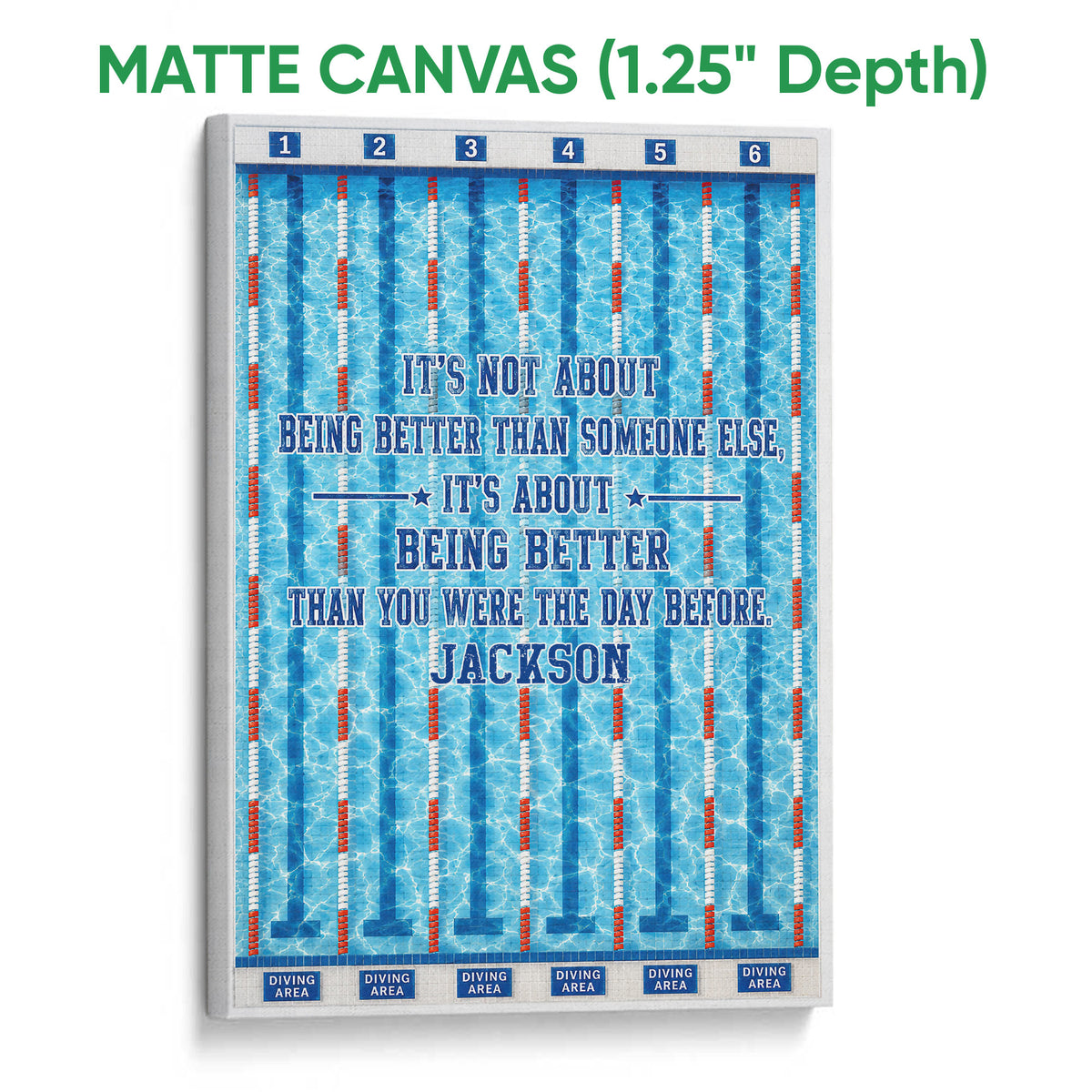 Matte canvas swimming wall art with vibrant pool water, lane markers, and a motivational design