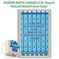 Natural wood framed swimming wall art with blue pool lanes and a detailed canvas edge