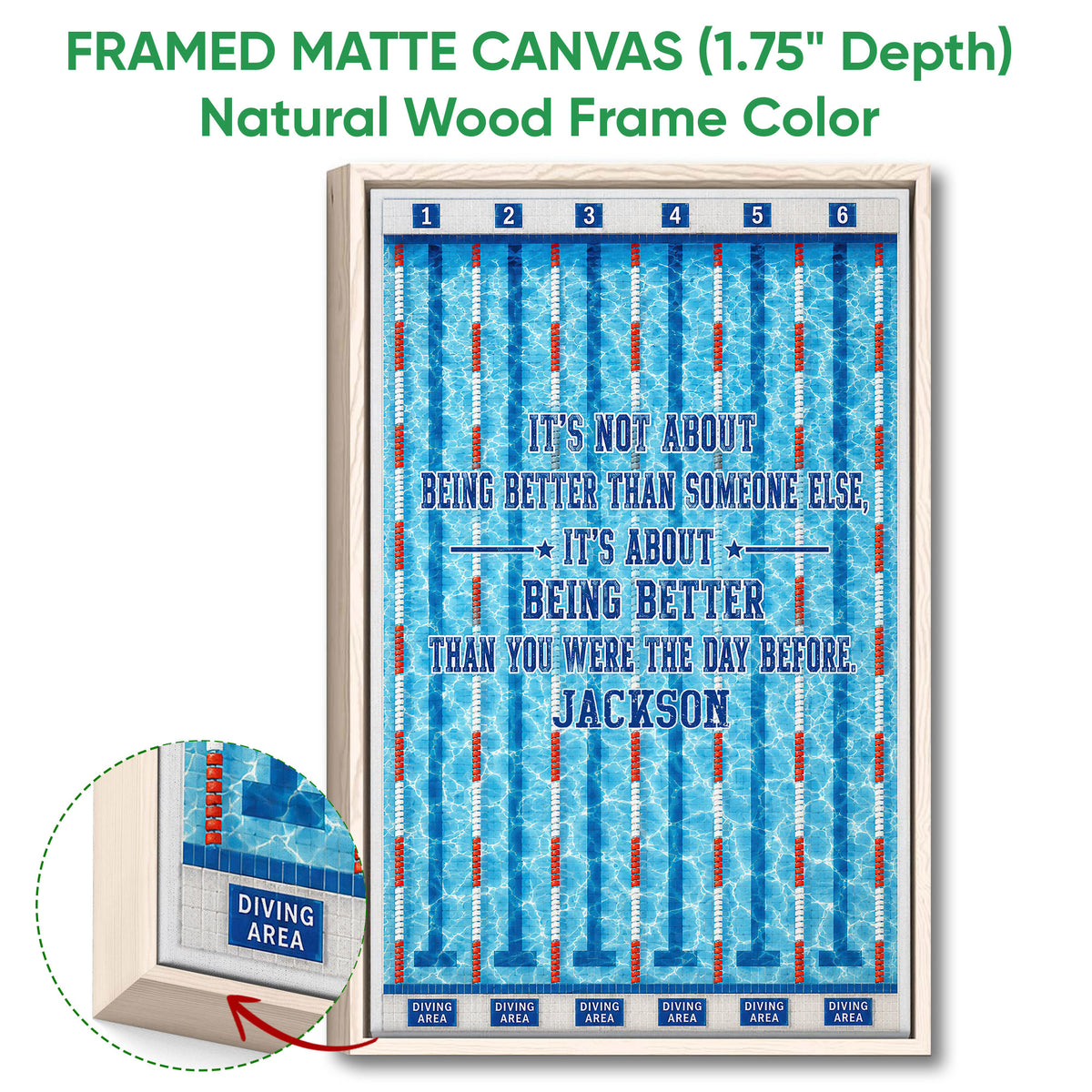 Natural wood framed swimming wall art with blue pool lanes and a detailed canvas edge