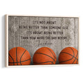 Framed basketball wall art with orange basketballs, motivational lettering, and a natural wood frame