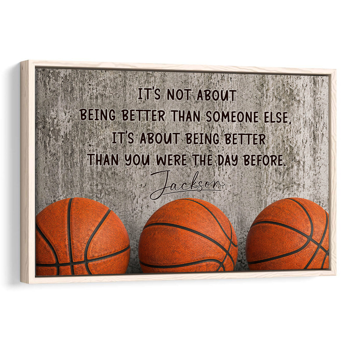 Framed basketball wall art with orange basketballs, motivational lettering, and a natural wood frame