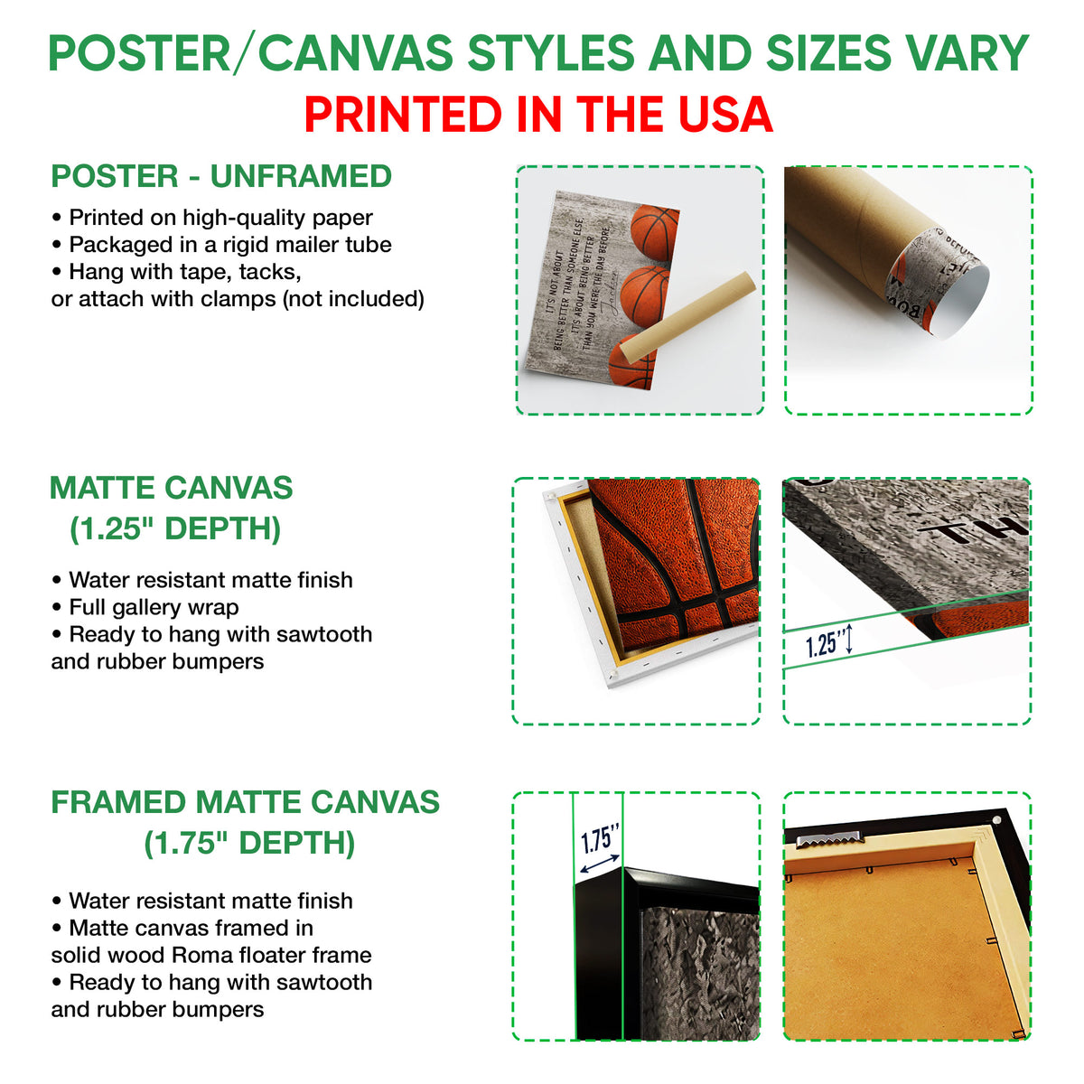 Poster and canvas wall art options guide showing basketball artwork and available presentation formats