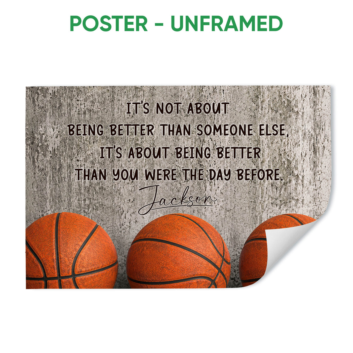 Unframed basketball poster featuring three orange basketballs and an inspirational message