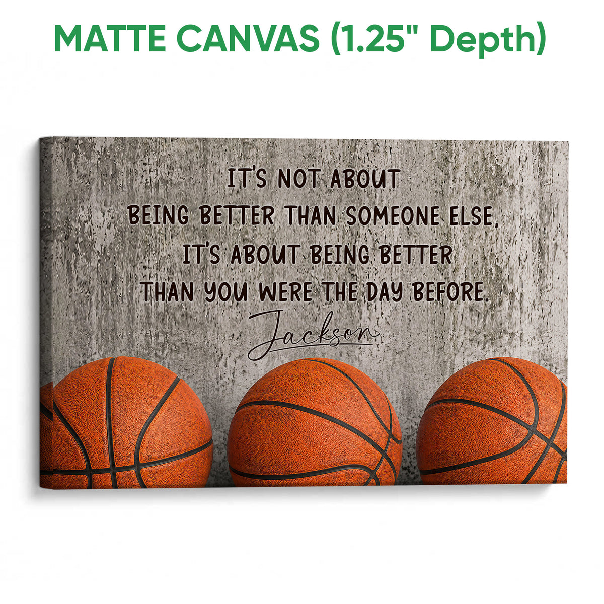 Matte canvas basketball wall art with three orange basketballs and a textured gray background
