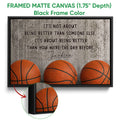Black framed basketball canvas wall art with close-up detail of the textured frame and artwork