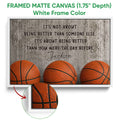 White framed basketball canvas wall art with orange basketballs and a motivational design