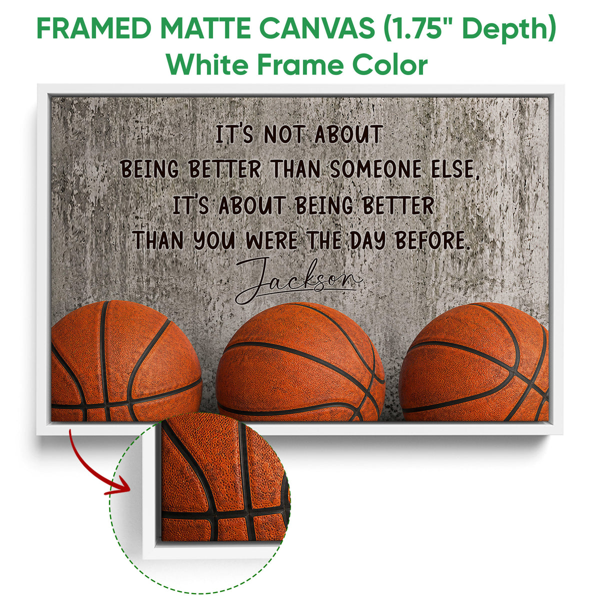 White framed basketball canvas wall art with orange basketballs and a motivational design