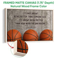 Natural wood framed basketball wall art with close-up frame detail and orange basketball artwork