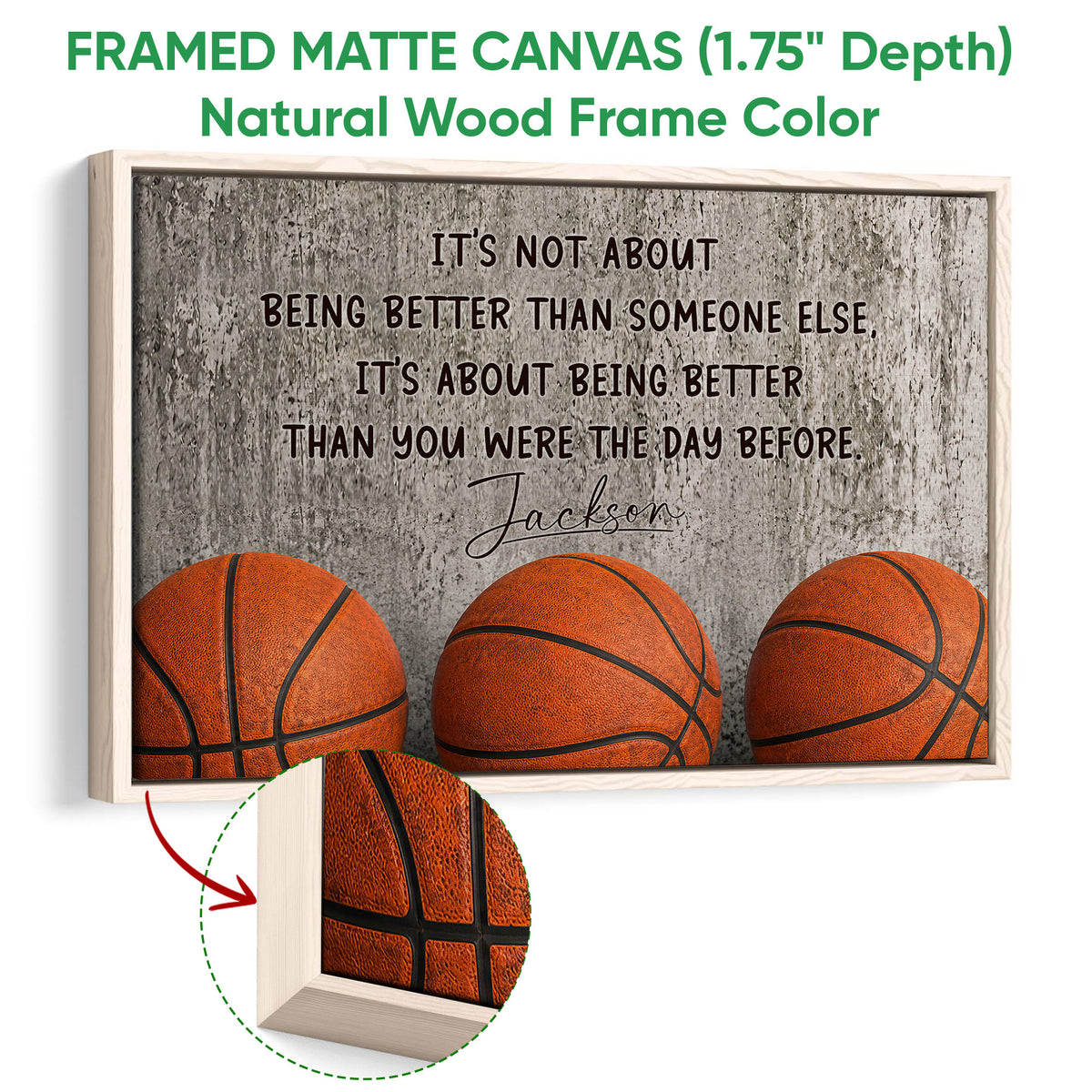 Natural wood framed basketball wall art with close-up frame detail and orange basketball artwork
