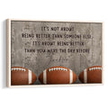 Framed football wall art with three footballs, a motivational message, and a textured gray background