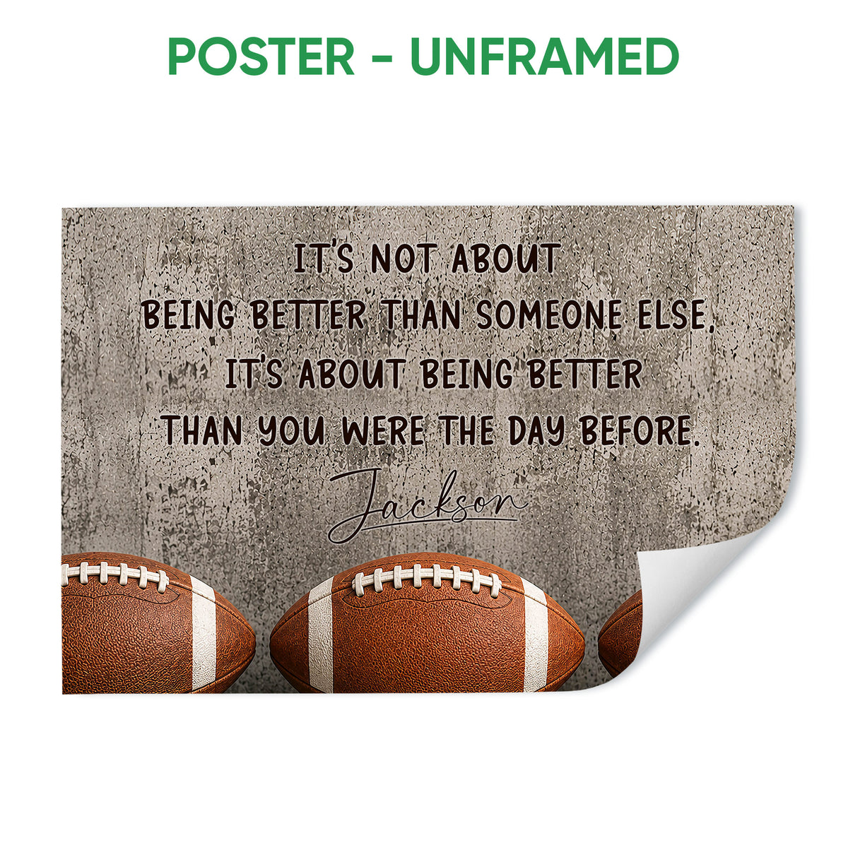 Unframed football poster featuring three footballs and a motivational message on a textured gray background