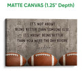 Matte canvas football wall art with three footballs, dark lettering, and a textured gray design