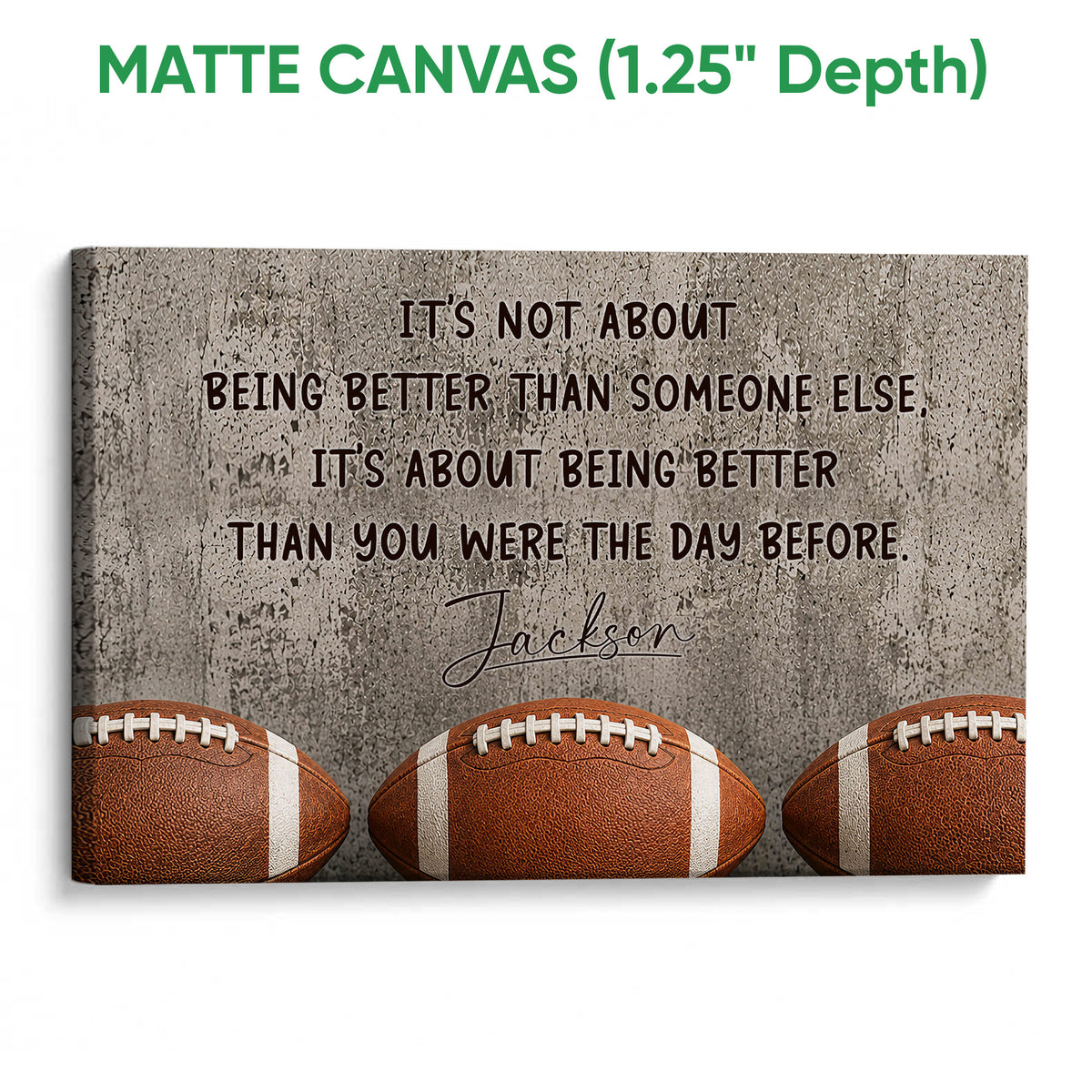 Matte canvas football wall art with three footballs, dark lettering, and a textured gray design