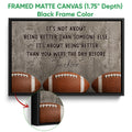 Black framed canvas football wall art with a close-up detail of the frame and textured football artwork