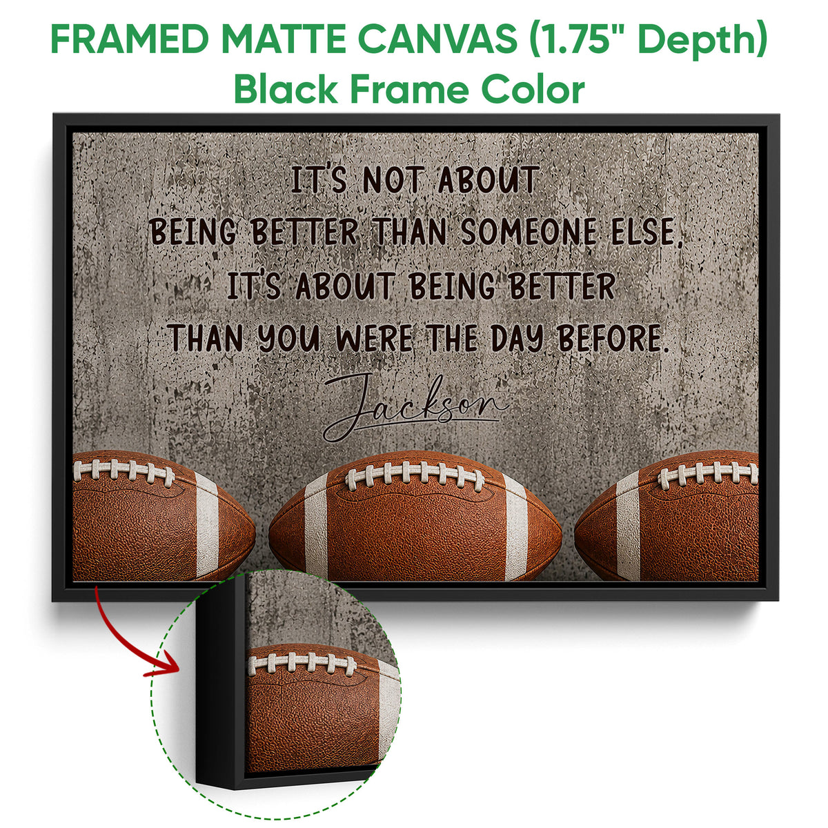 Black framed canvas football wall art with a close-up detail of the frame and textured football artwork