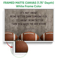 White framed football wall art with a close-up view of the frame and detailed football design