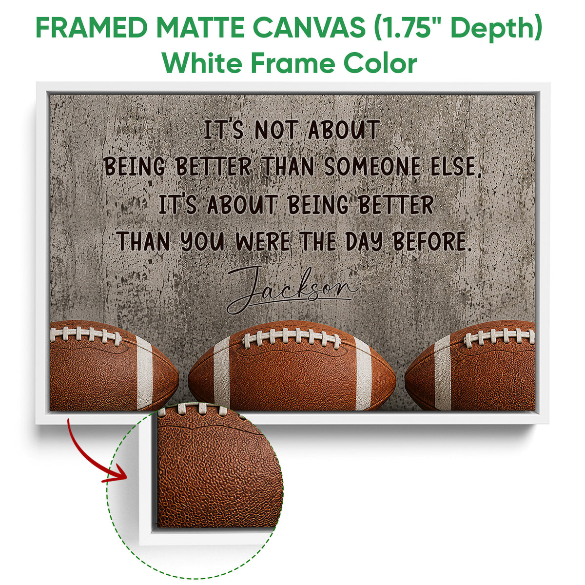 White framed football wall art with a close-up view of the frame and detailed football design