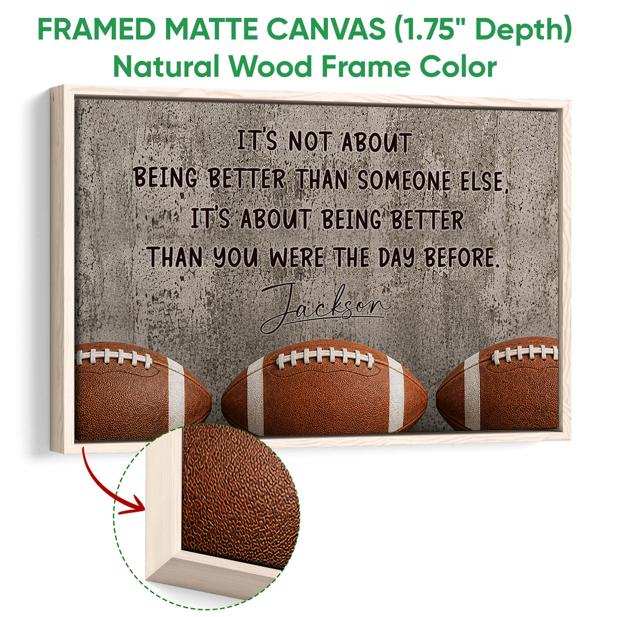 Natural wood framed football wall art with three footballs and a motivational design