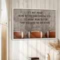 Football wall art displayed in a bright room with white wood paneling and natural wood framing