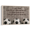 Framed soccer wall art featuring three soccer balls and an inspirational message in a textured neutral design