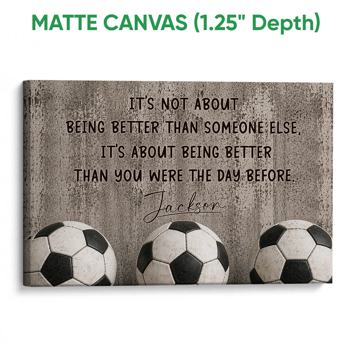 Matte canvas soccer wall art featuring three soccer balls and bold inspirational lettering