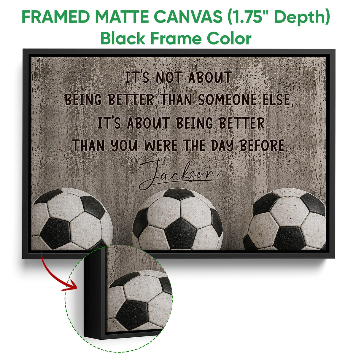 Black framed soccer canvas wall art with three soccer balls and a textured motivational design