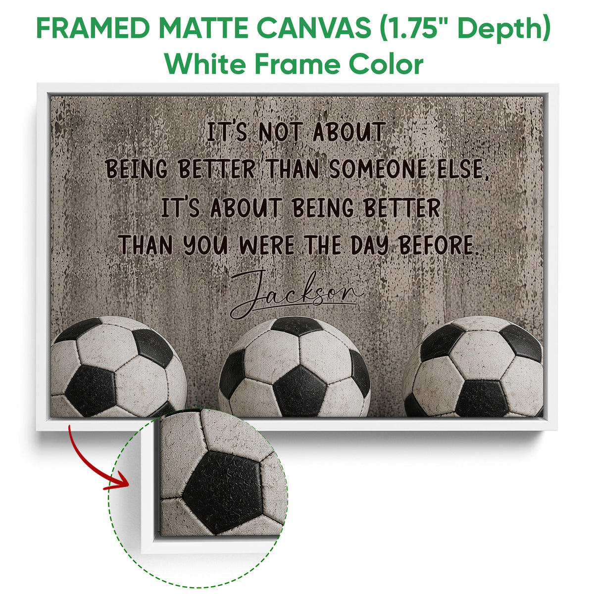 White framed soccer canvas wall art with three soccer balls and a neutral inspirational design