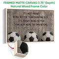 Natural wood framed soccer canvas wall art with three soccer balls and motivational lettering