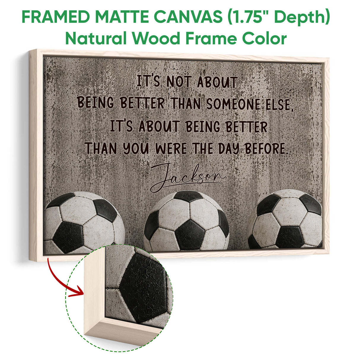 Natural wood framed soccer canvas wall art with three soccer balls and motivational lettering
