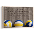 Framed volleyball wall art with blue and yellow volleyballs and an inspirational message