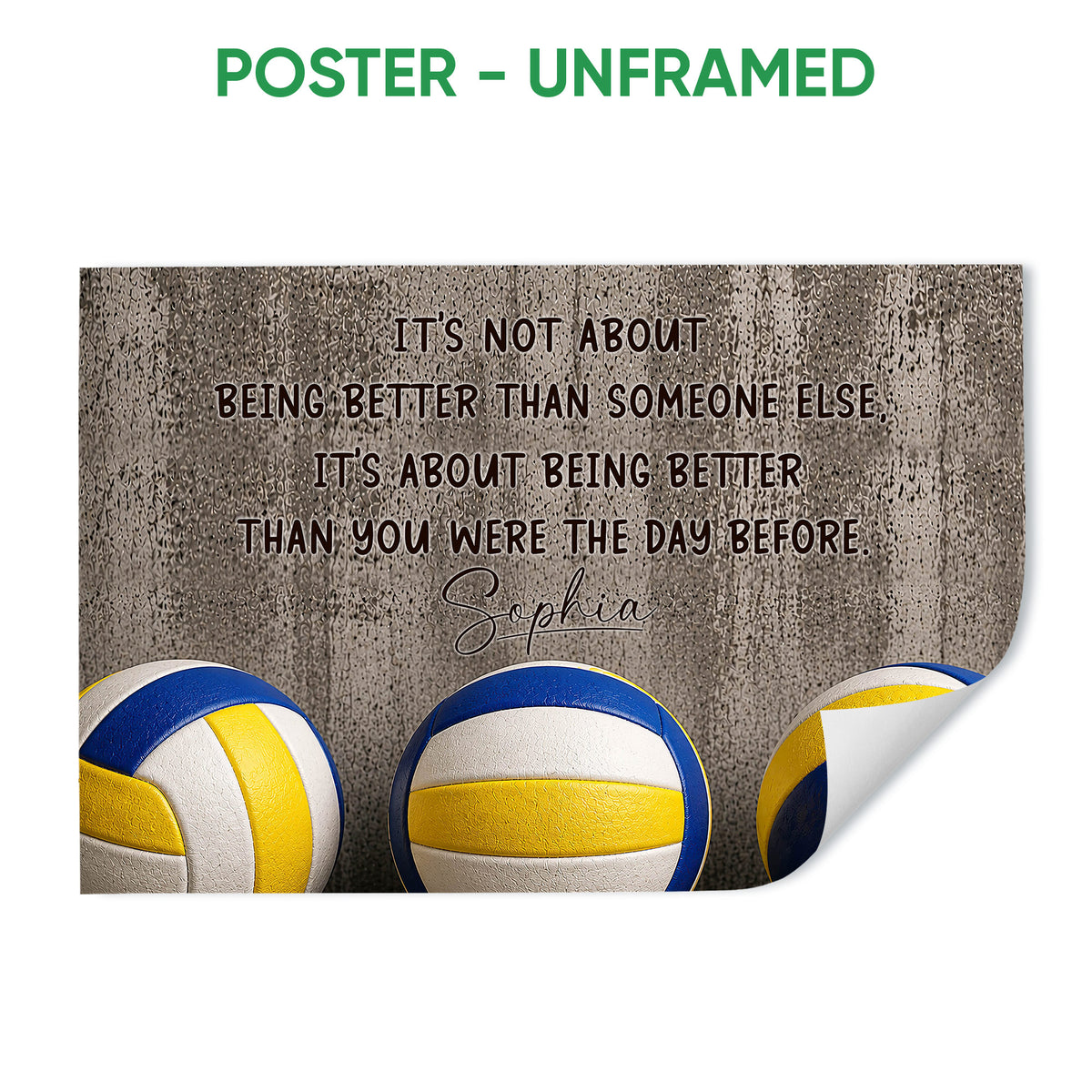 Unframed volleyball poster featuring three blue and yellow volleyballs and motivational artwork