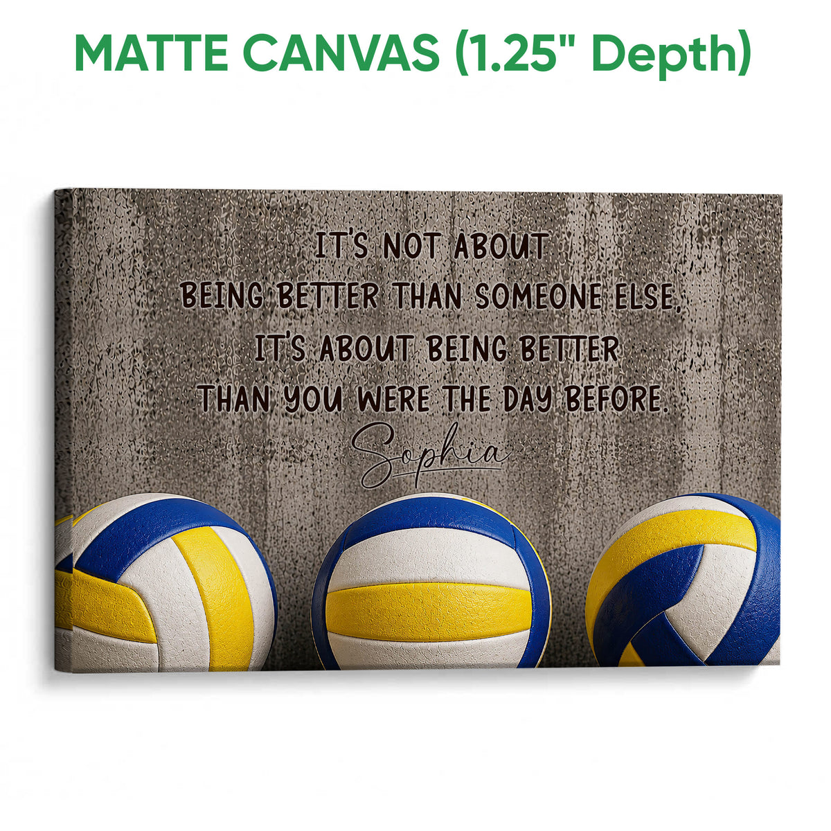 Matte canvas volleyball wall art with blue and yellow volleyballs and inspirational lettering