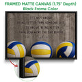 Black framed canvas volleyball wall art with a close-up view of the frame edge
