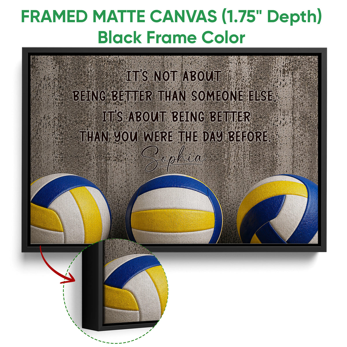 Black framed canvas volleyball wall art with a close-up view of the frame edge