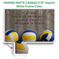 White framed canvas volleyball wall art featuring blue and yellow volleyballs