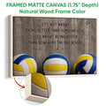 Natural wood framed volleyball wall art with a close-up of the canvas and frame