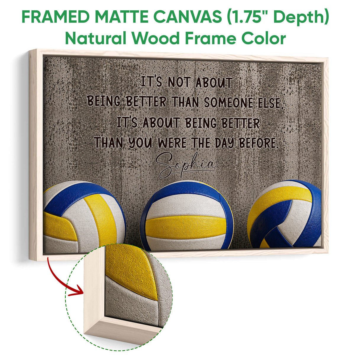 Natural wood framed volleyball wall art with a close-up of the canvas and frame