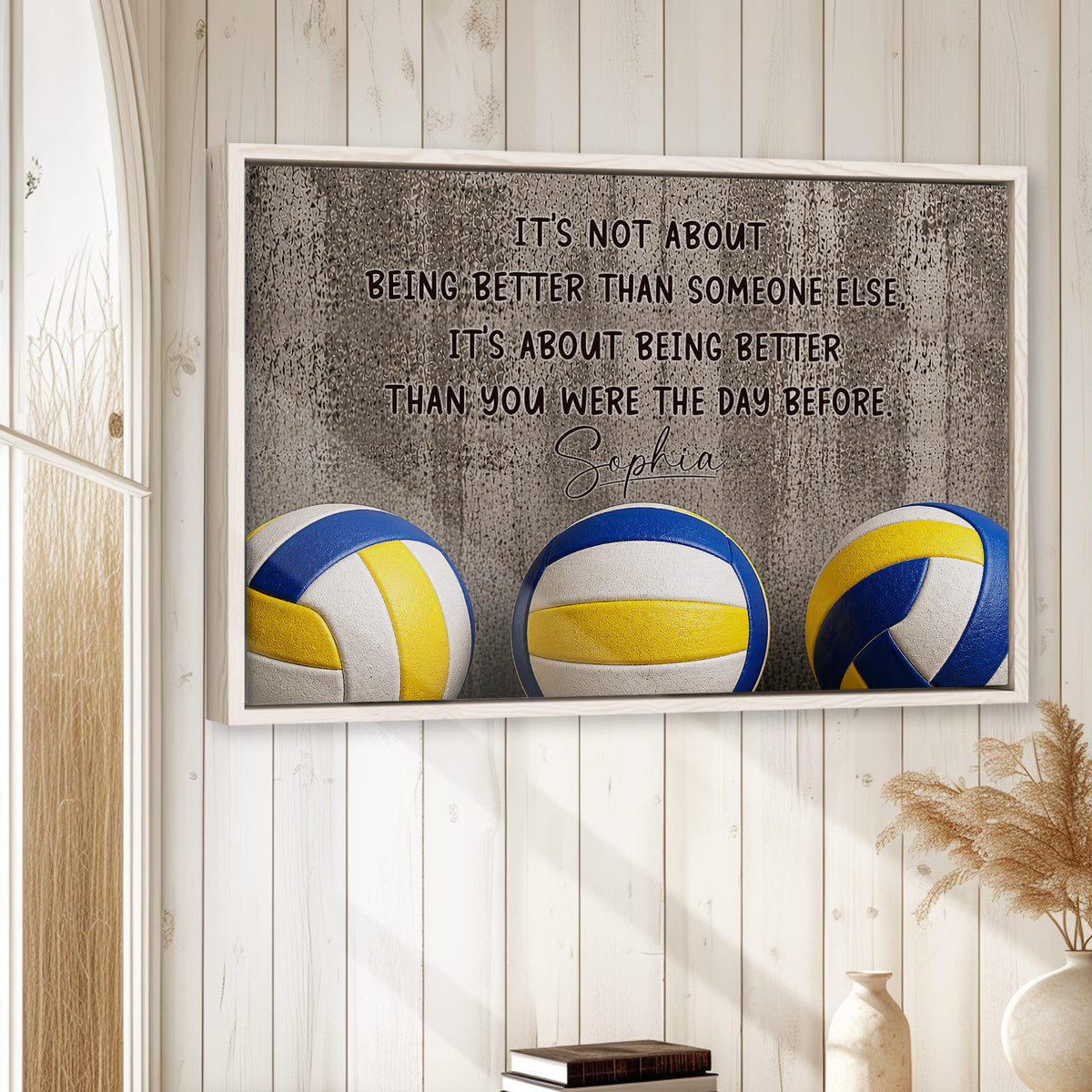 Volleyball wall art displayed on a white wood-paneled wall in a bright home interior