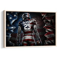Framed football wall art showing a player holding a football against a distressed American flag design