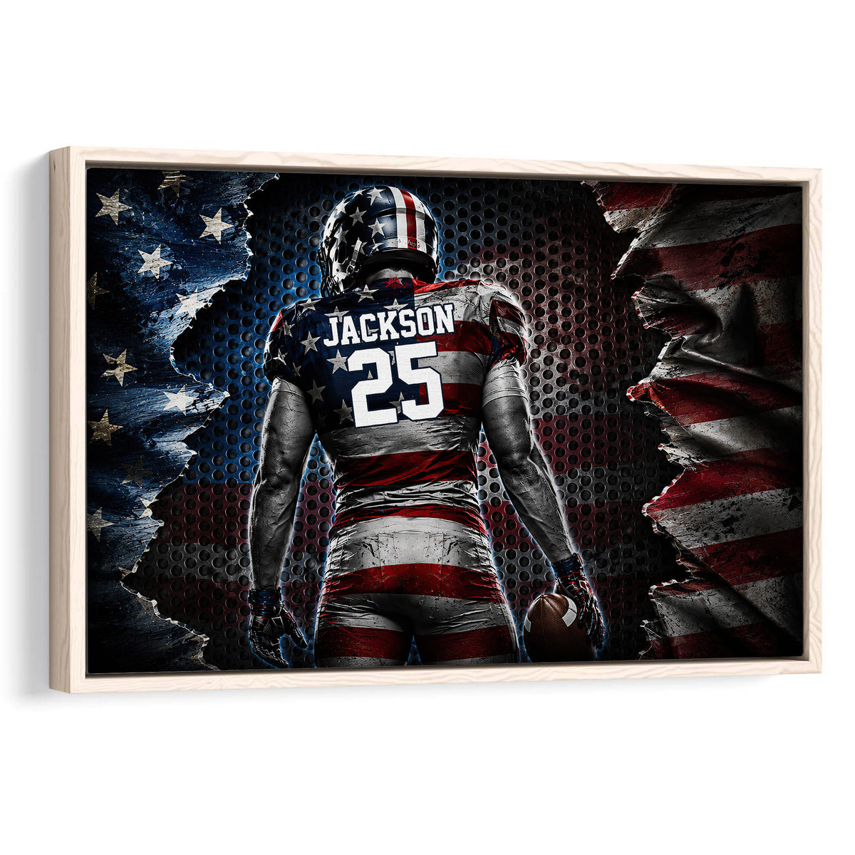 Framed football wall art showing a player holding a football against a distressed American flag design