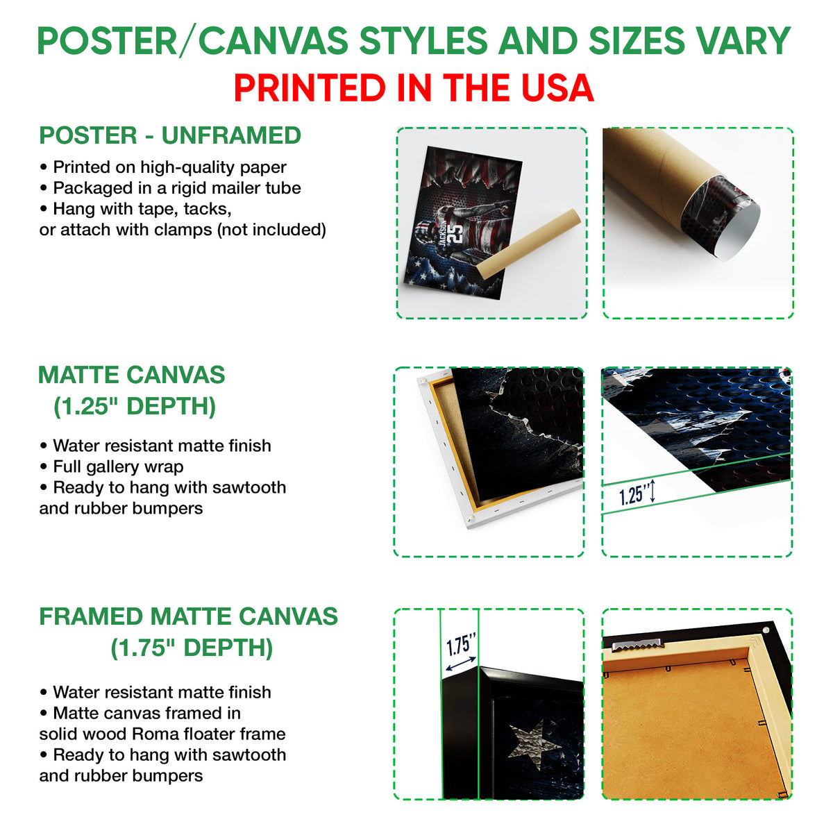 Poster, matte canvas, and framed canvas wall art options shown with football artwork