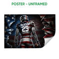 Unframed football poster featuring a helmeted player holding a football against a flag backdrop