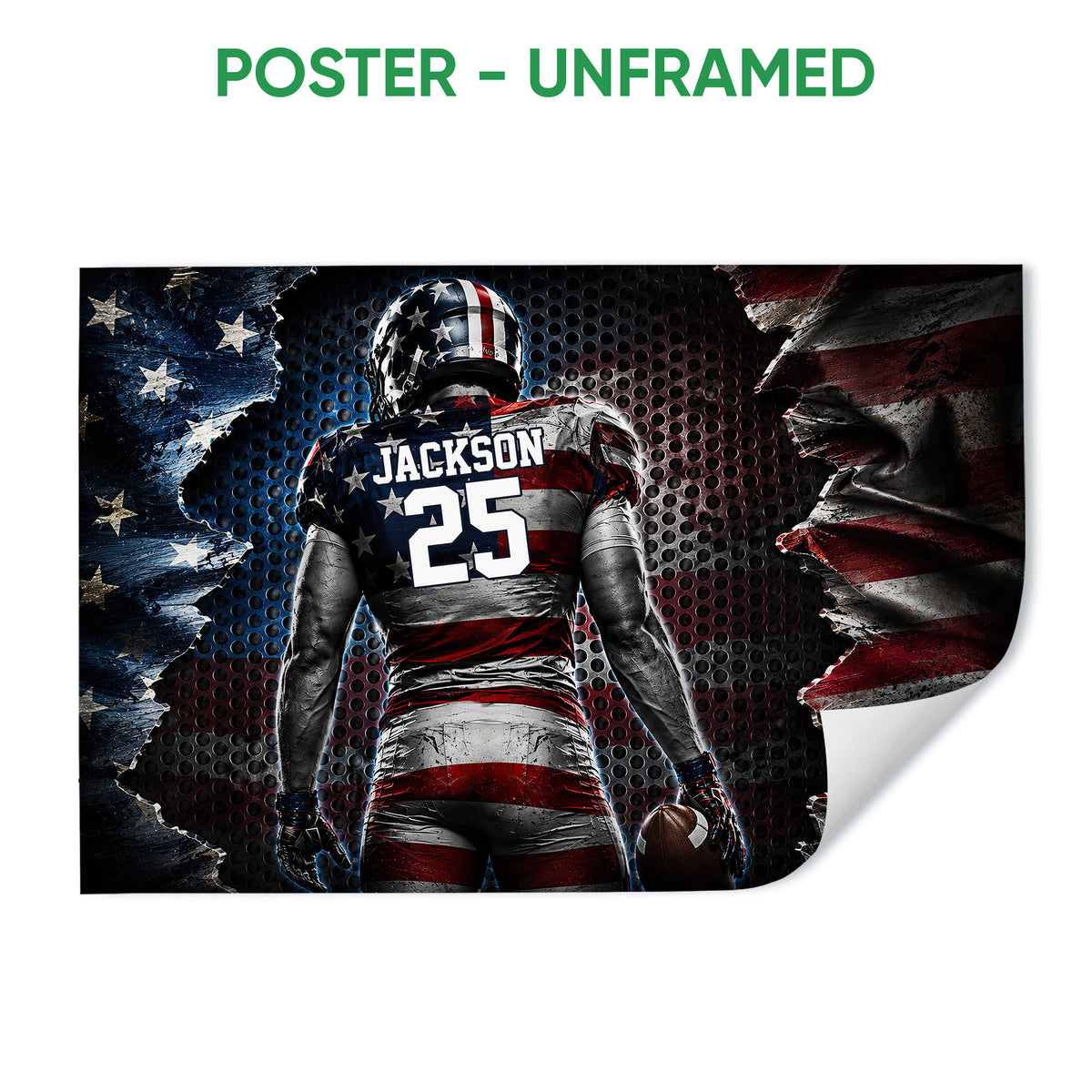 Unframed football poster featuring a helmeted player holding a football against a flag backdrop