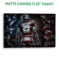 Matte canvas football wall art with a player and distressed red, white, and blue flag design