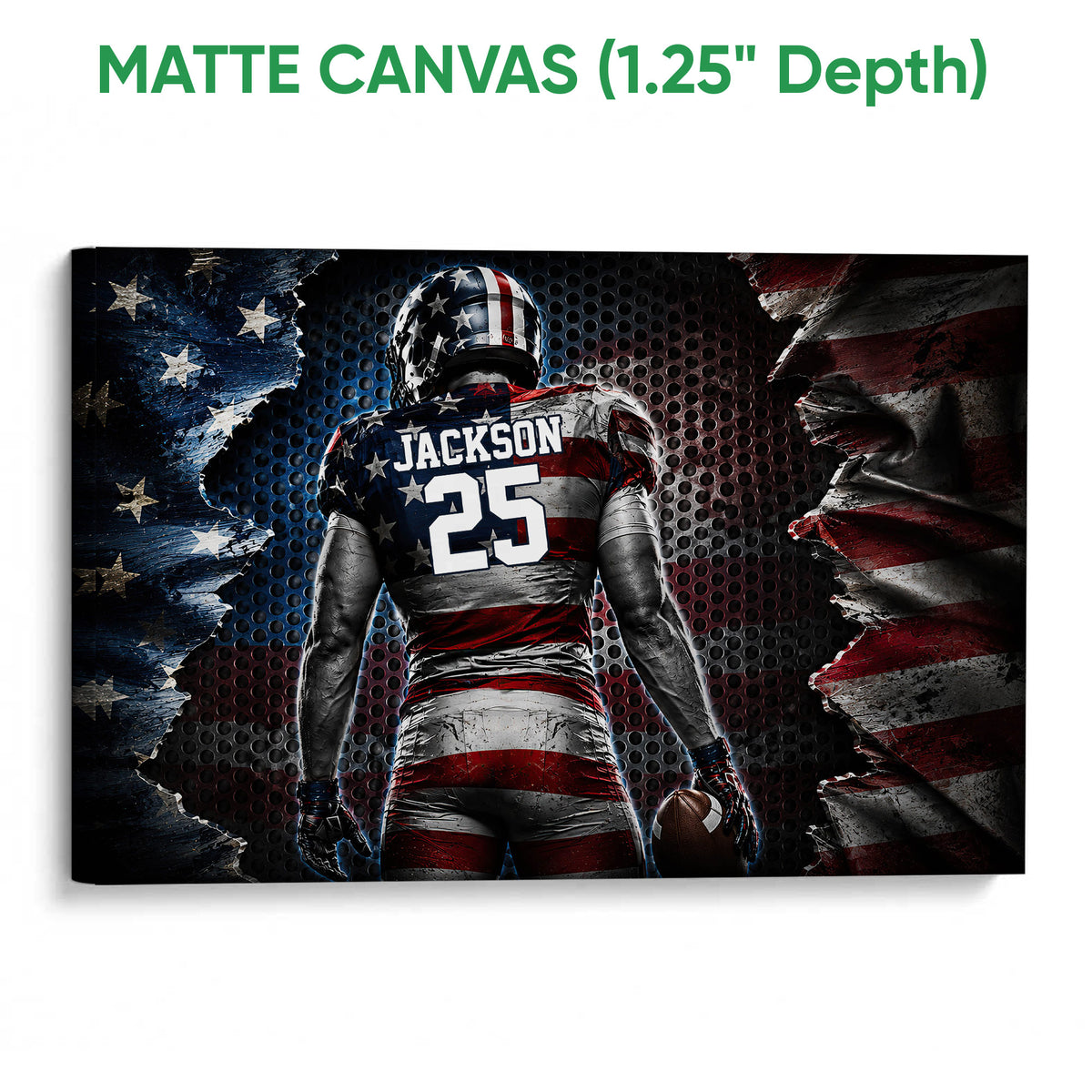 Matte canvas football wall art with a player and distressed red, white, and blue flag design
