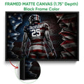 Black framed football canvas wall art with a close-up view of the dark frame and artwork