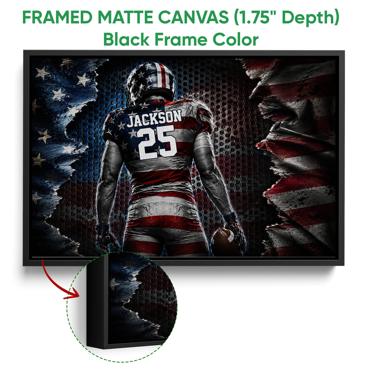 Black framed football canvas wall art with a close-up view of the dark frame and artwork