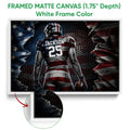 White framed football canvas wall art with a close-up view of the light frame and artwork