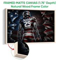 Natural wood framed football canvas wall art with a close-up view of the frame and artwork